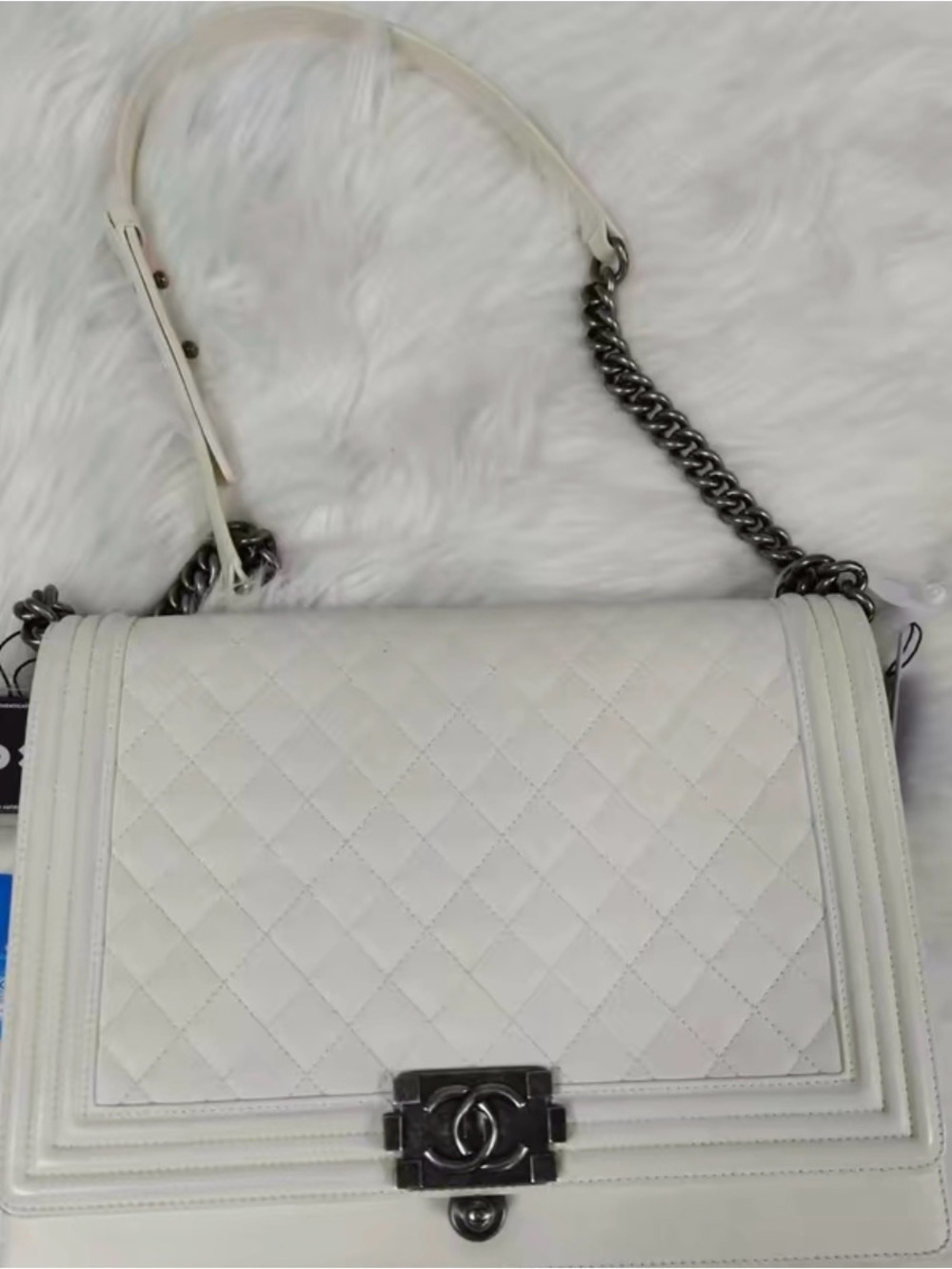 Like New! CHANEL White Crossbody Boy Quilted Leather with Gunmetal Hardware